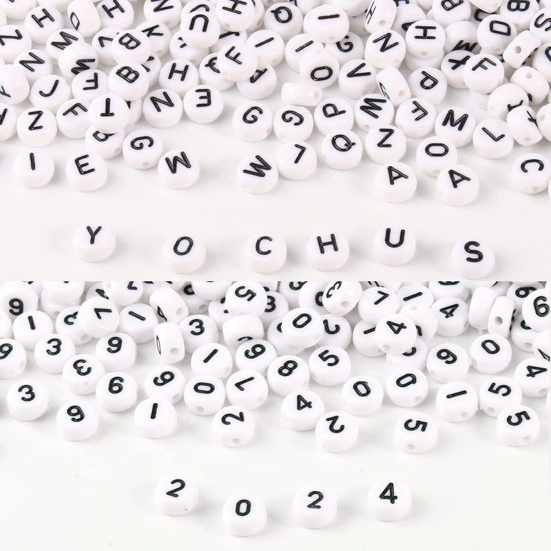 Yochus 1000pcs White Mixed Round Acrylic Letter Beads 4x7mm Black Alphabet Number Beads for Jewelry Making and DIY Bracelets - Image 1